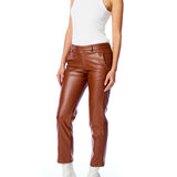 vegan leather trouser with a medium rise, belt loops, slightly cropped cut & side pockets - chestnut