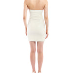 faux leather dress with a tube top, mini length, side zipper, body hugging silhouette and seam detailing in ivory