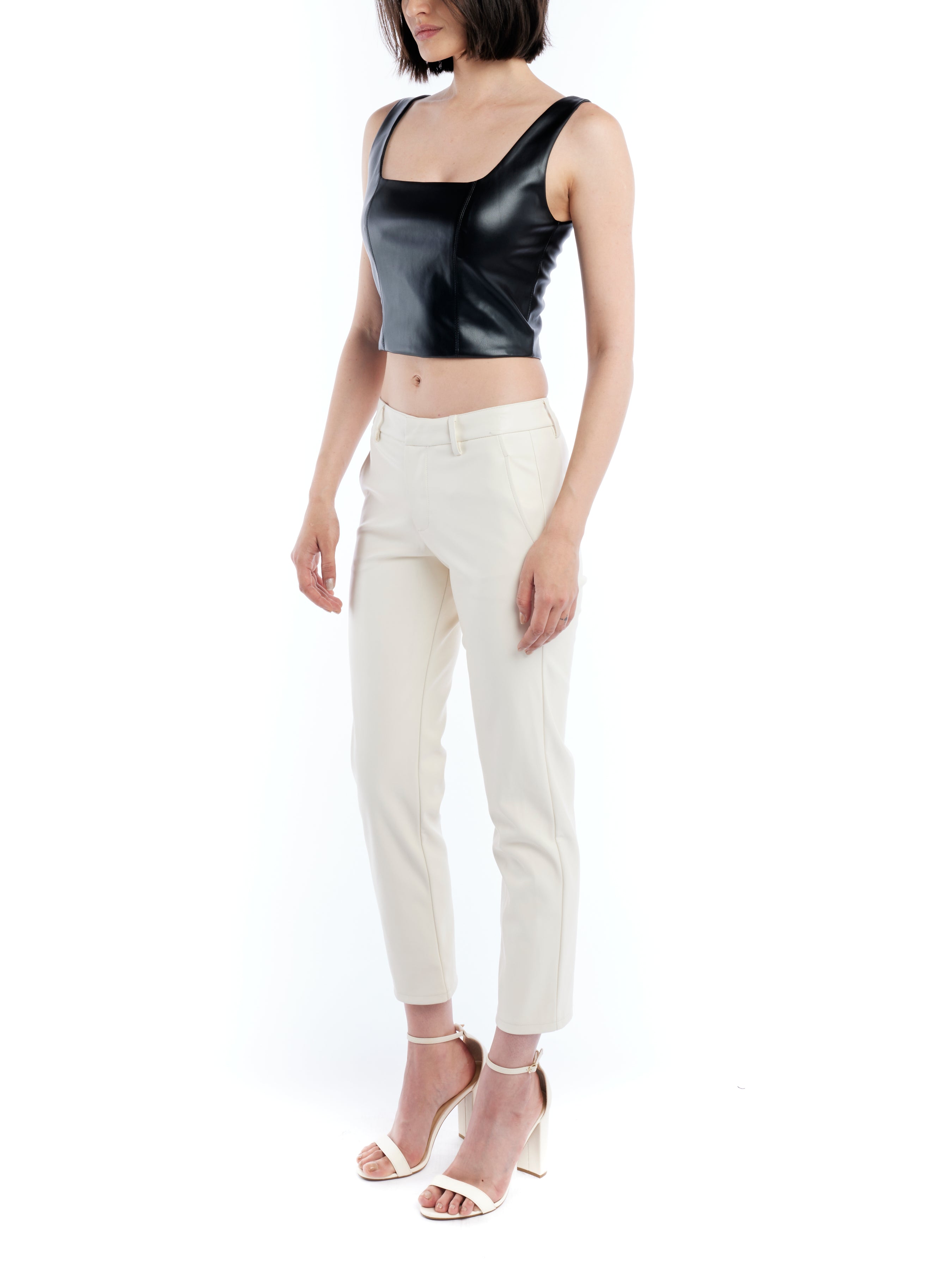 Faux leather bustier with tanks sleeves, square neck and cropped length - black 