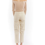 ribbed, long sleeve, off the shoulder bodysuit with a thong bottom and gusset snap button closure in taupe