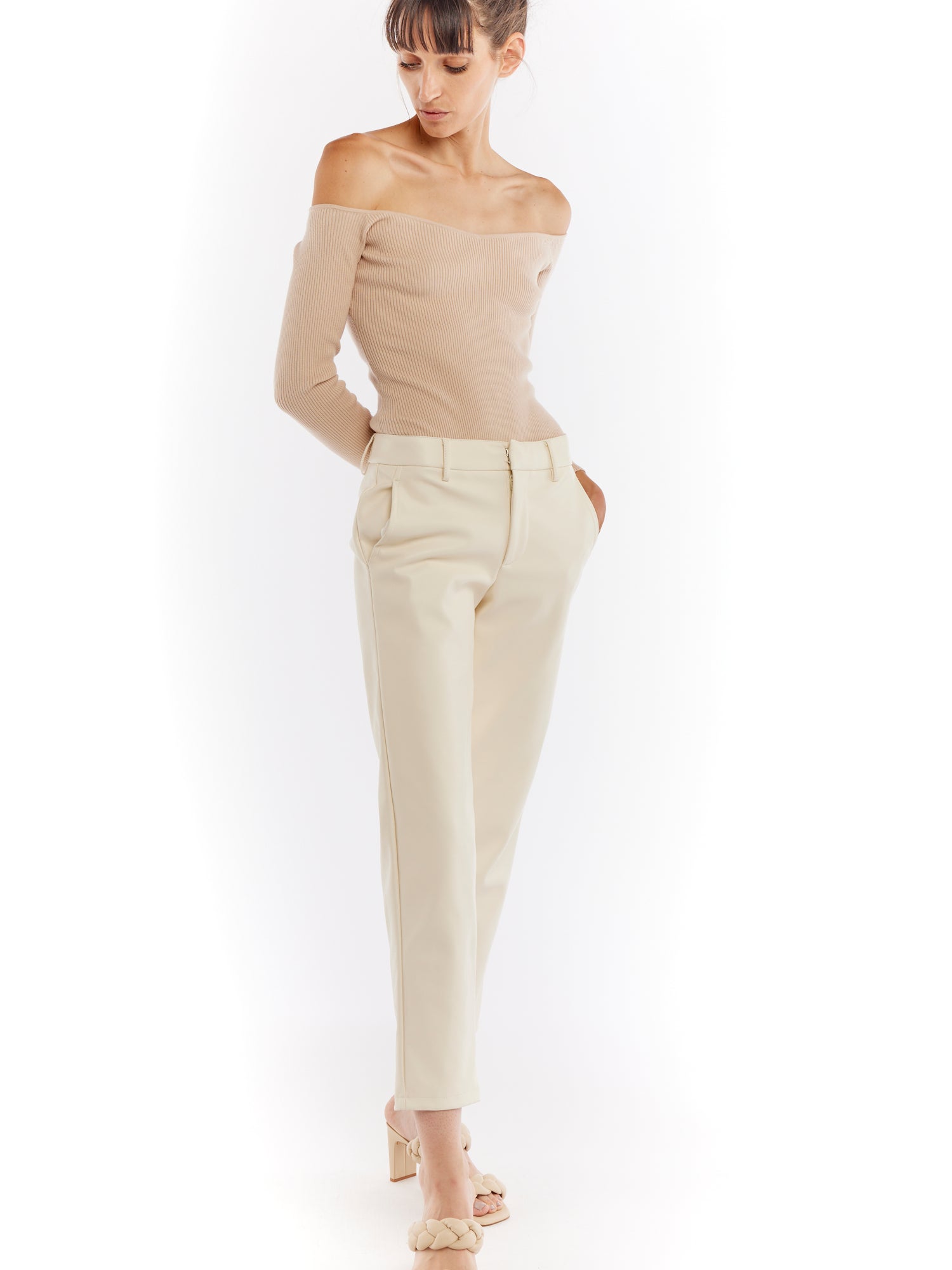 ribbed, long sleeve, off the shoulder bodysuit with a thong bottom and gusset snap button closure in taupe