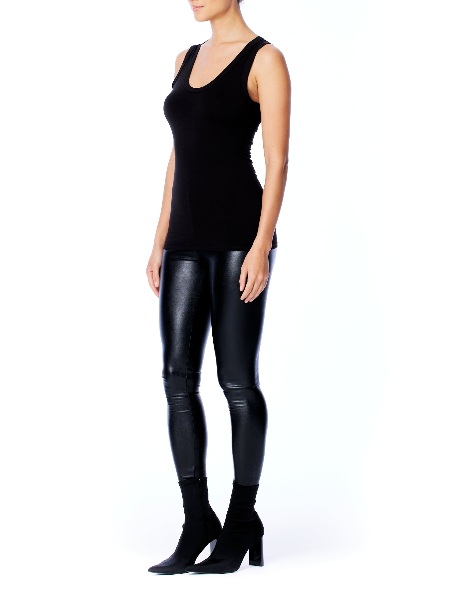casual sleeveless, v-neck tank with and banded neckline and arm holes in black