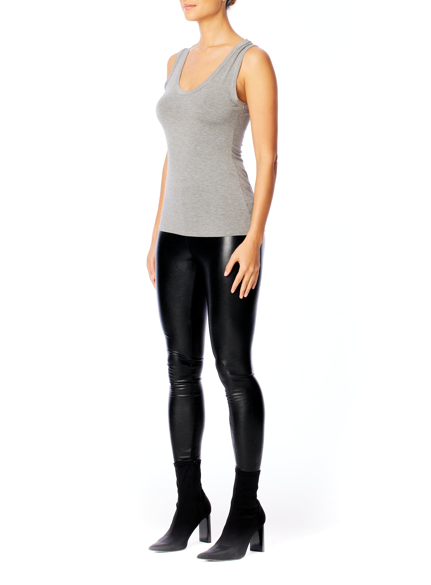 casual sleeveless, v-neck tank with and banded neckline and arm holes in heather grey