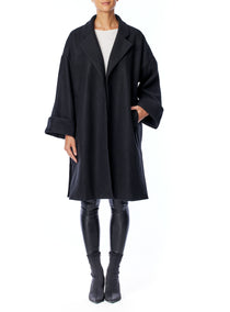 Cari faux wool oversized jacket with open front, large cuffs and side slits in black