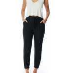 relaxed pocket pant with drawstring, elasticized waist and cuffs in black