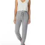 relaxed pocket pant with drawstring, elasticized waist and cuffs in heather grey