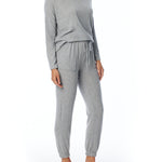 relaxed pocket pant with drawstring, elasticized waist and cuffs in heather grey