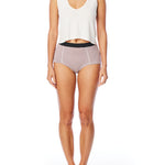 striped women's boxer brief short with elasticized waist band, seam detailing & medium rise