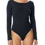 boatneck open back bodysuit with long sleeves and thong cut in black