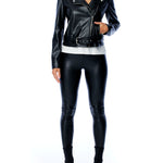 vegan leather black moto jacket with a tailored fit, zipper detailing and adjustable bottom belt 