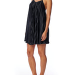 pleated dress with spaghetti straps, v-neck, trapeze cut and criss cross, open back in black