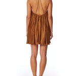pleated dress with spaghetti straps, v-neck, trapeze cut and criss cross, open back in rust