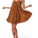 pleated dress with spaghetti straps, v-neck, trapeze cut and criss cross, open back in rust