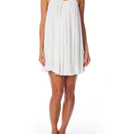 pleated dress with spaghetti straps, v-neck, trapeze cut and criss cross, open back in ivory