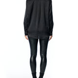 vegan silk, collared, button up blouse with cuffed long sleeves in black