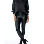 vegan silk, collared, button up blouse with cuffed long sleeves in black