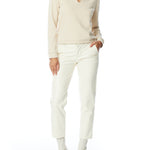 long sleeve, collared v neck pullover with ribbed cuff detailing in sand