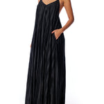 pleated maxi dress with spaghetti straps, v-neck, trapeze cut and criss cross open back in black