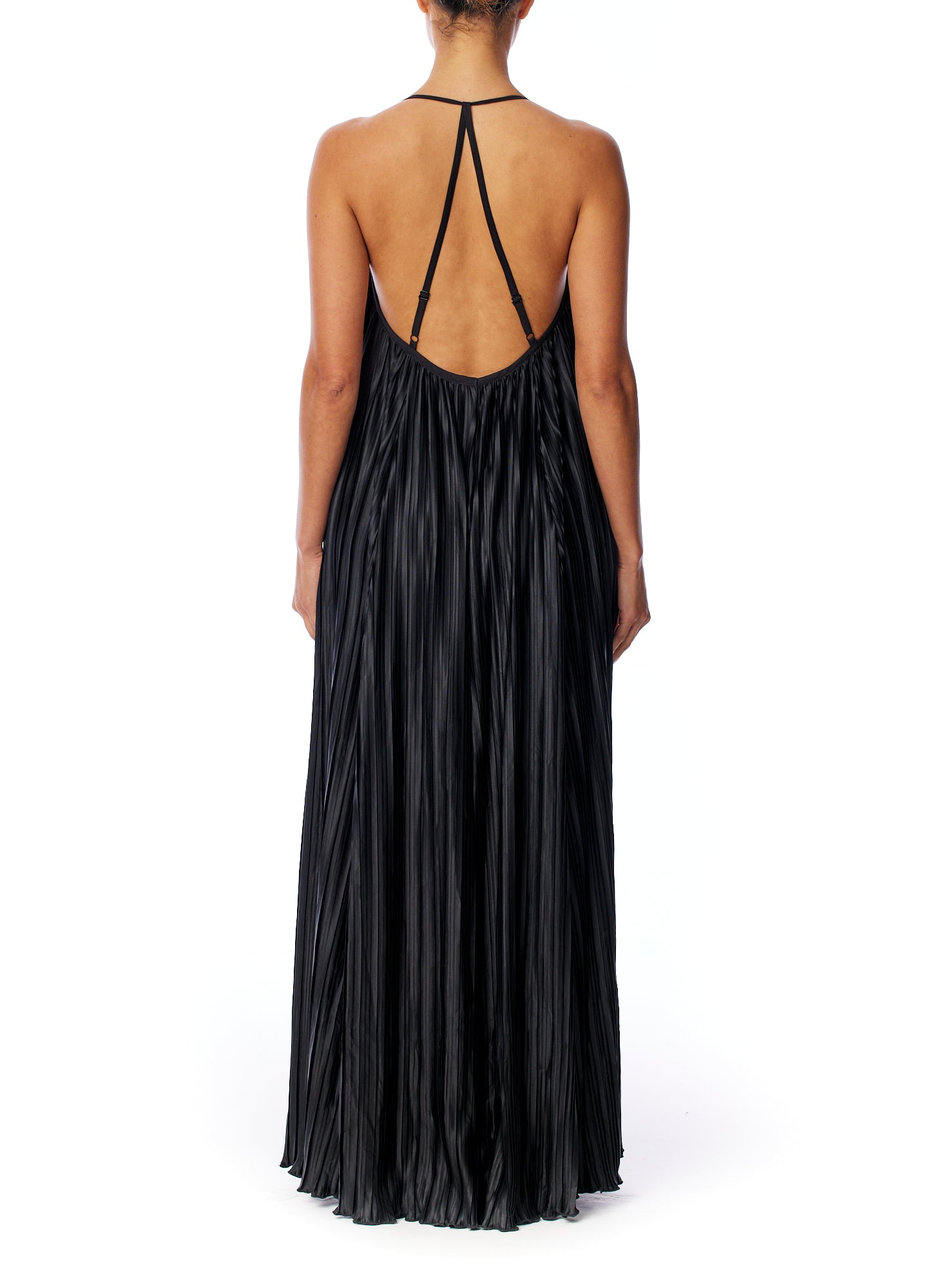 pleated maxi dress with spaghetti straps, v-neck, trapeze cut and criss cross open back in black