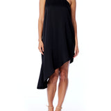 vegan silk, one shoulder dress with tank sleeves, asymmetrical hem and hidden side zipper in black