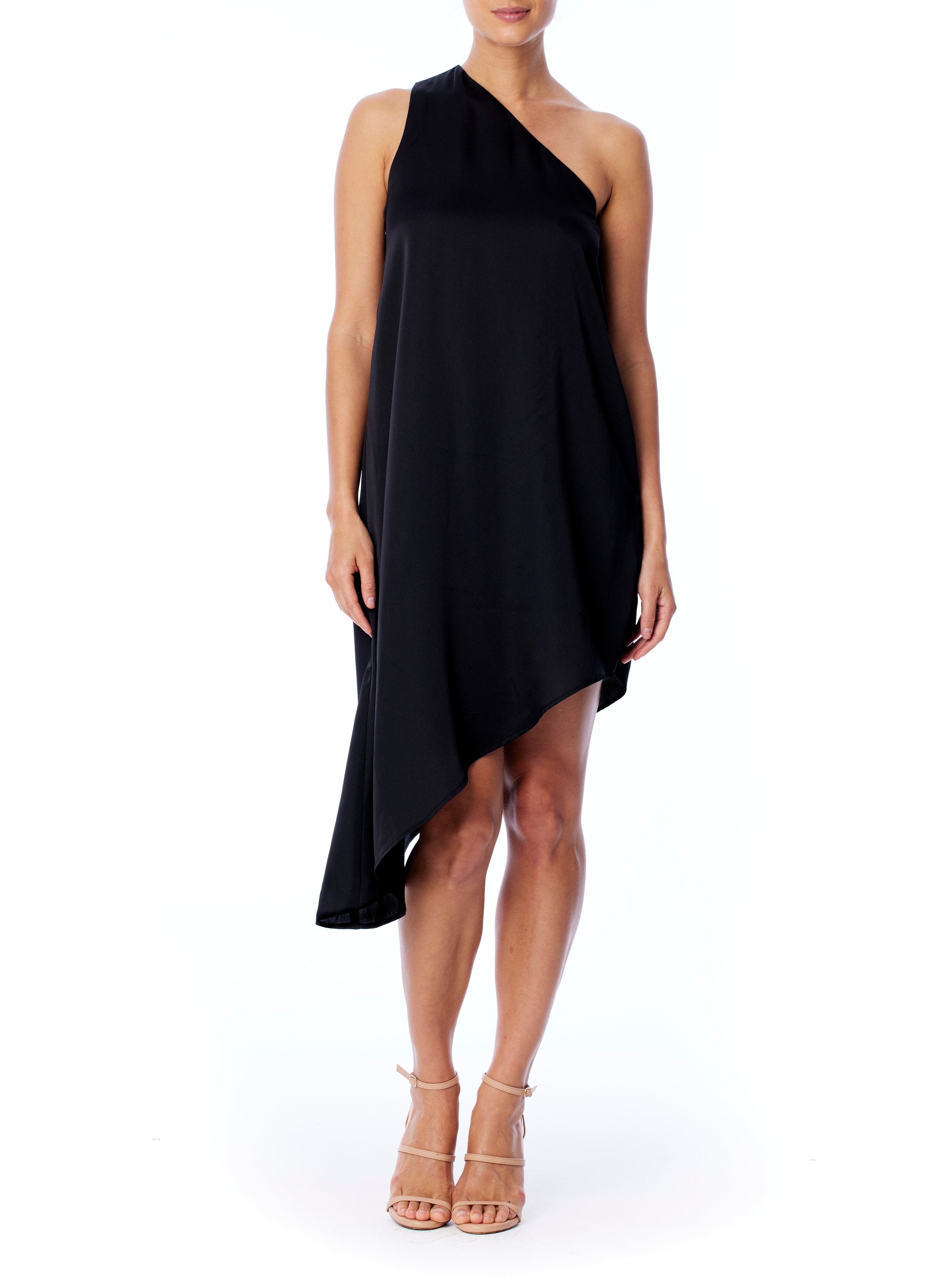 vegan silk, one shoulder dress with tank sleeves, asymmetrical hem and hidden side zipper in black