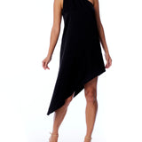 vegan silk, one shoulder dress with tank sleeves, asymmetrical hem and hidden side zipper in black