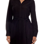 button down dress with long cuffed sleeves, collar, tie waist, cinched back,  pockets and mini length in black