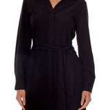 button down dress with long cuffed sleeves, collar, tie waist, cinched back,  pockets and mini length in black