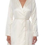 Collared, faux silk, wrap dress with attached belt that can be tied in front or at side - Front