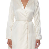 Collared, faux silk, wrap dress with attached belt that can be tied in front or at side - Front