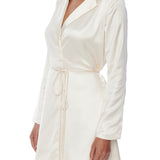 Collared, faux silk, wrap dress with attached belt that can be tied in front or at side - Side