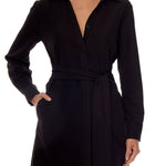 button down dress with long cuffed sleeves, collar, tie waist, cinched back,  pockets and mini length in black