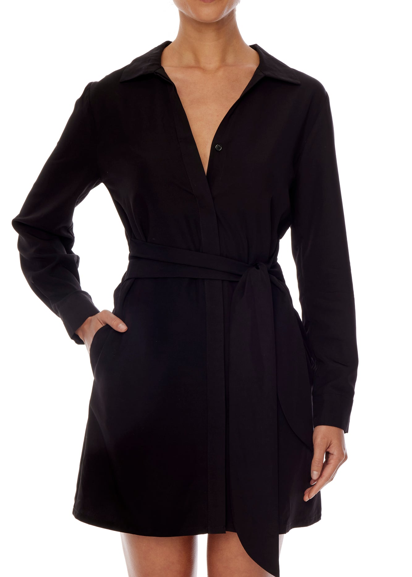 button down dress with long cuffed sleeves, collar, tie waist, cinched back,  pockets and mini length in black