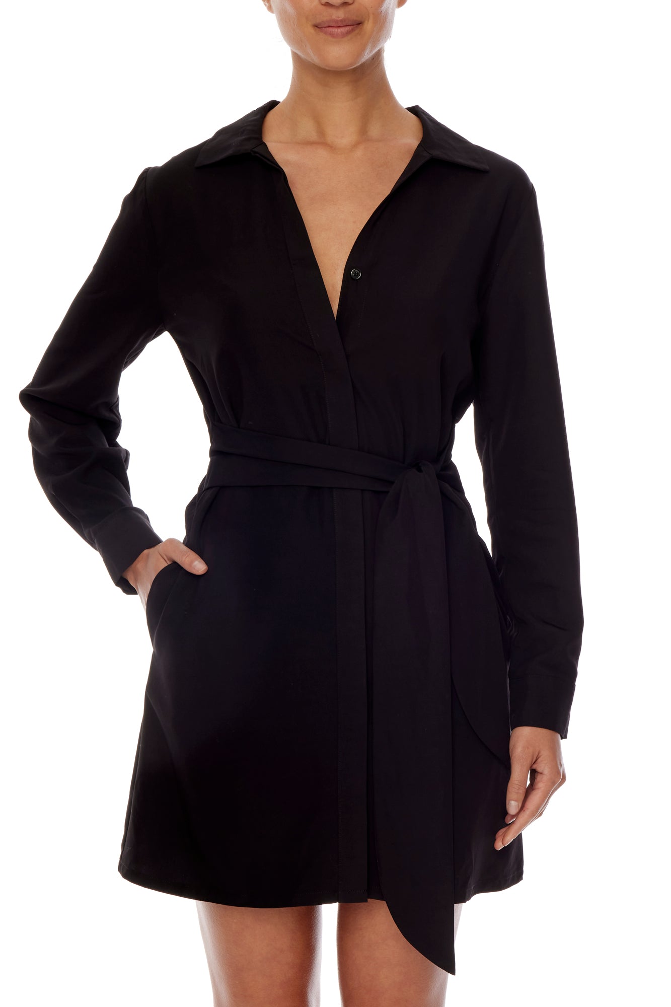 button down dress with long cuffed sleeves, collar, tie waist, cinched back,  pockets and mini length in black