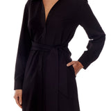 button down dress with long cuffed sleeves, collar, tie waist, cinched back,  pockets and mini length in black