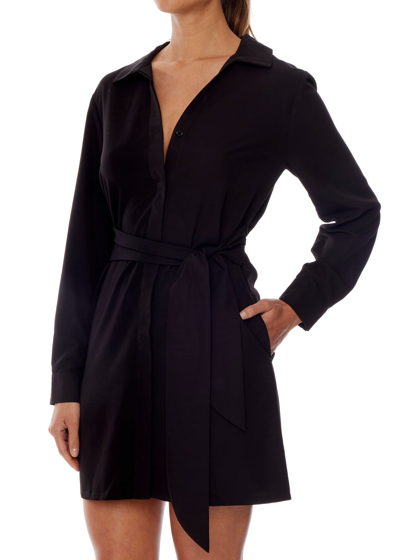 button down dress with long cuffed sleeves, collar, tie waist, cinched back,  pockets and mini length in black