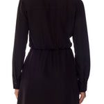 button down dress with long cuffed sleeves, collar, tie waist, cinched back,  pockets and mini length in black