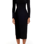little black, open back dress featuring long sleeves, elegant crew neck and sexy side slit
