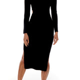 little black, open back dress featuring long sleeves, elegant crew neck and sexy side slit