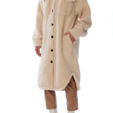 Button up cozy jacket with shirt tail hem, midi length, two front pockets and long sleeves