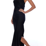 Elegant and sexy Camilla open back cowl dress in vegan silk in black