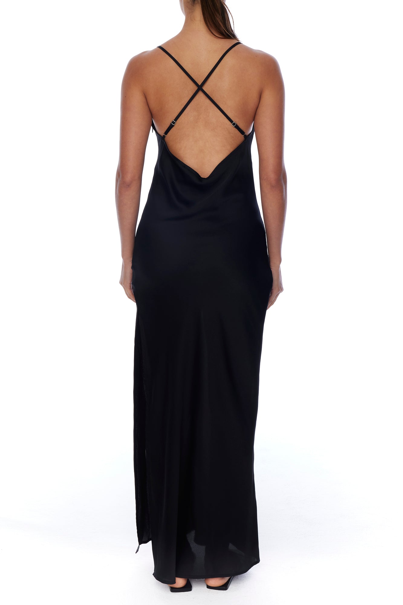 Elegant and sexy Camilla open back cowl dress in vegan silk in black