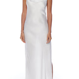 Elegant and sexy Camilla open back cowl dress in vegan silk in winter white
