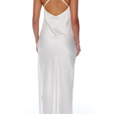 Elegant and sexy Camilla open back cowl dress in vegan silk in winter white