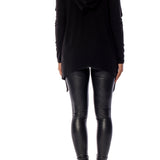 Cozy and versatile hooded cardigan with open drape front and long sleeves in black