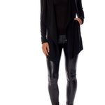 Cozy and versatile hooded cardigan with open drape front and long sleeves in black