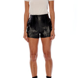 Black vegan leather, high-waisted short with a pleated front & side & back pockets