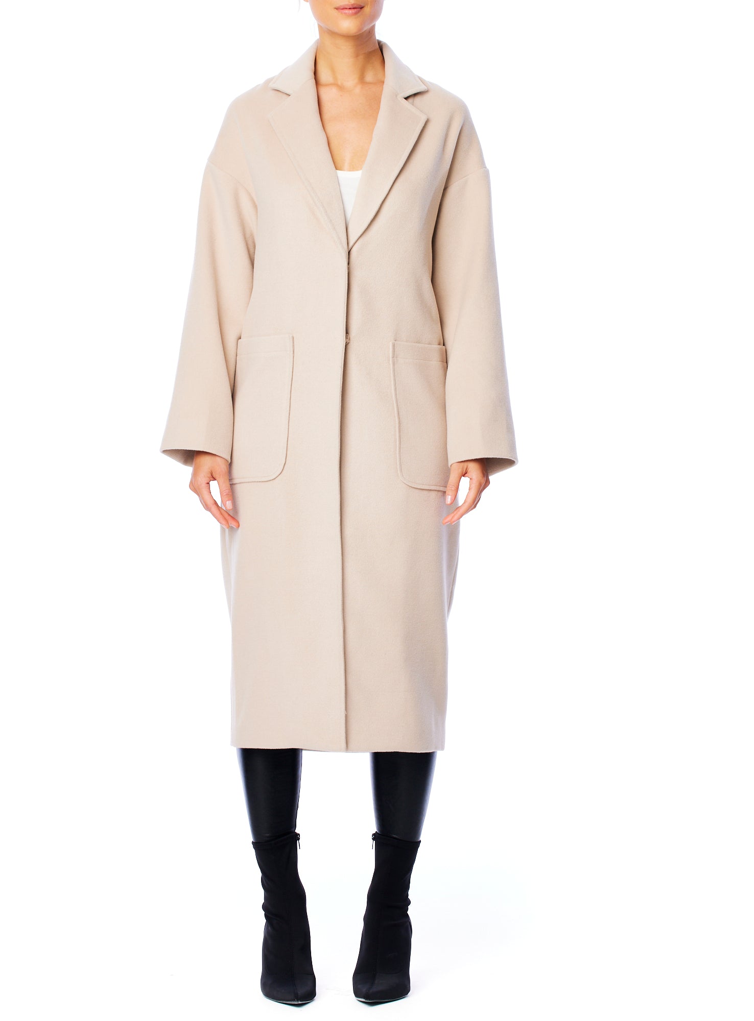 Clifton midi length jacket featuring hidden snap closure and front pockets