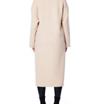 Clifton midi length jacket featuring hidden snap closure and large front pockets in taupe - back shot