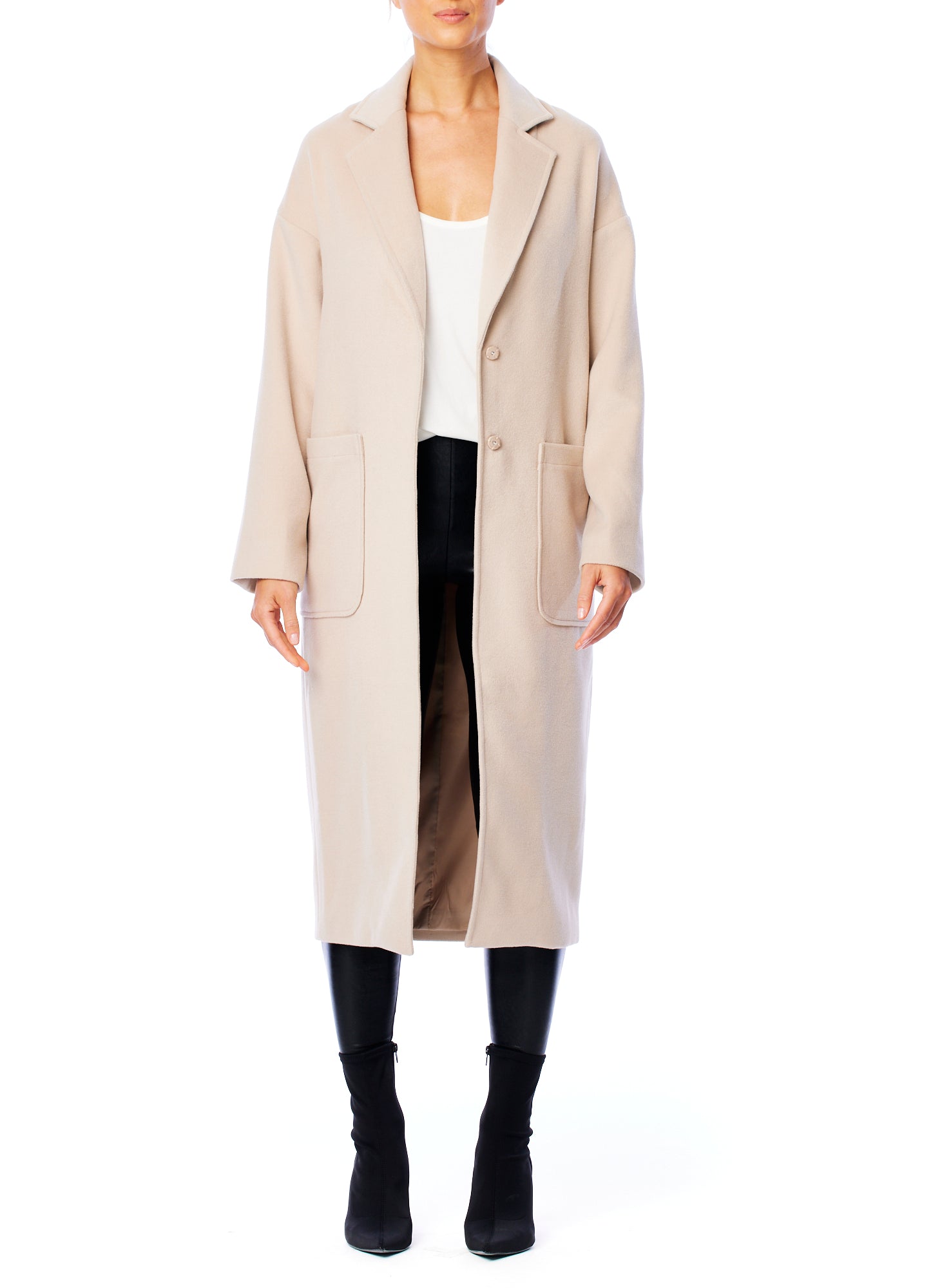 chic midi length jacket featuring hidden snap closure and large front pockets - front